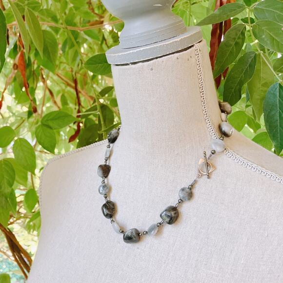 VTG Agate Hematite Necklace Y2K Polished Stone Chunky Beaded Toggle Clasp - Picture 7 of 10